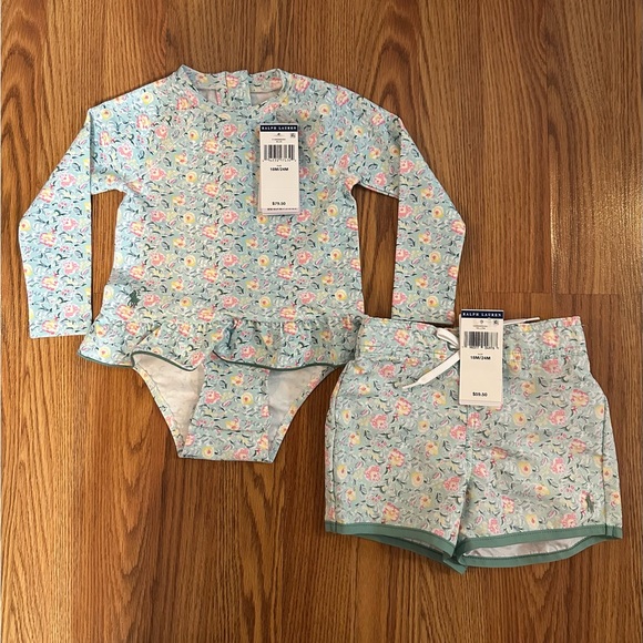 Polo Ralph Lauren Other - Polo Ralph Lauren Baby Floral Ruffled One-Piece Rash Guard & Swim Trunk 18-24M